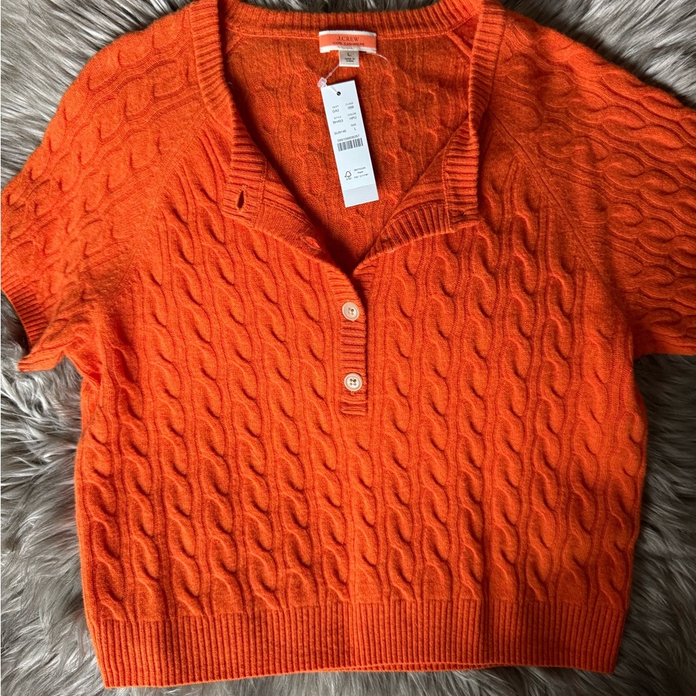 NWT J. Crew Orange Cable Knit Short Sleeve Cashmere Sweater